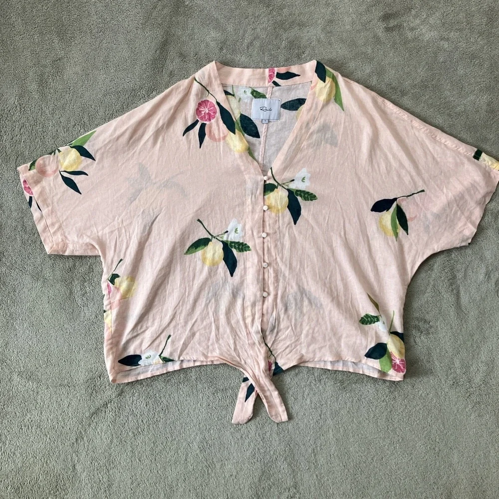 Rails Top Womens Large Pink Floral Lemon Linen Blend Tie Up Beachy Coastal‎